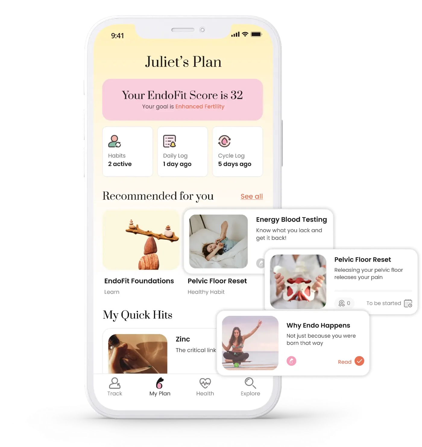 Endo45 app screenshot showing personalised tracking